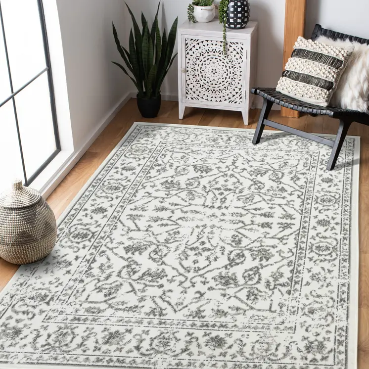 9' X 12' Gray and Light Gray Floral Power Loom Area Rug