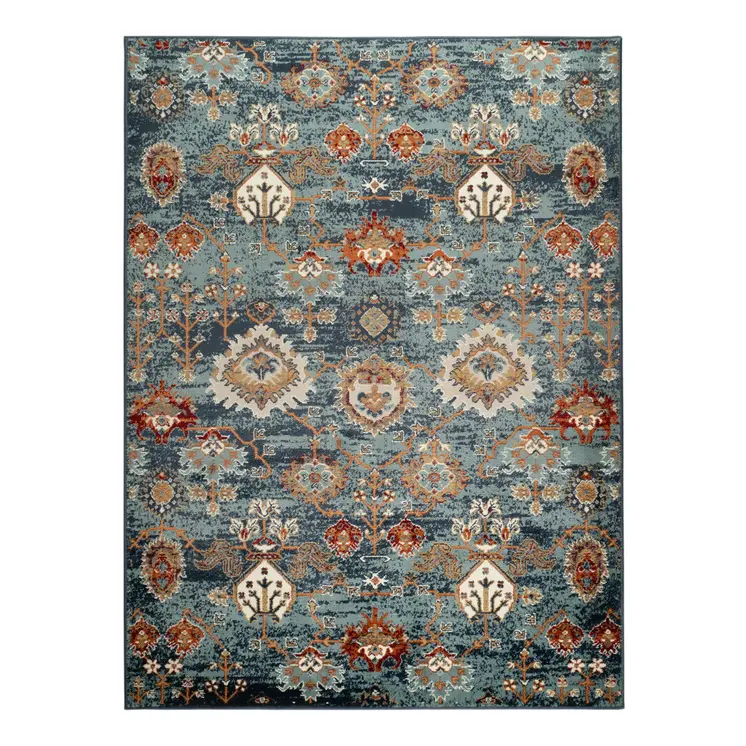 5' X 8' Teal Rust and Orange Oriental Power Loom Area Rug