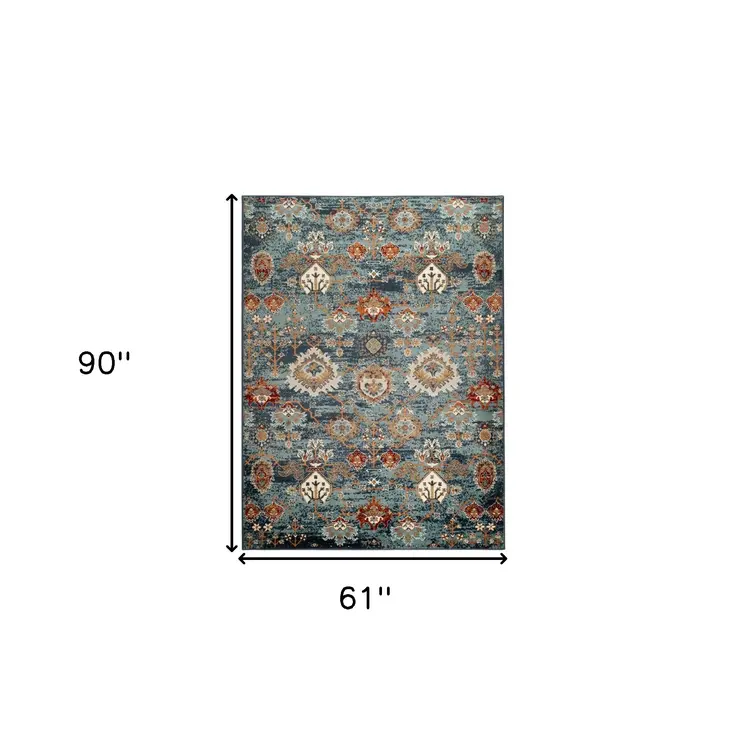 5' X 8' Teal Rust and Orange Oriental Power Loom Area Rug