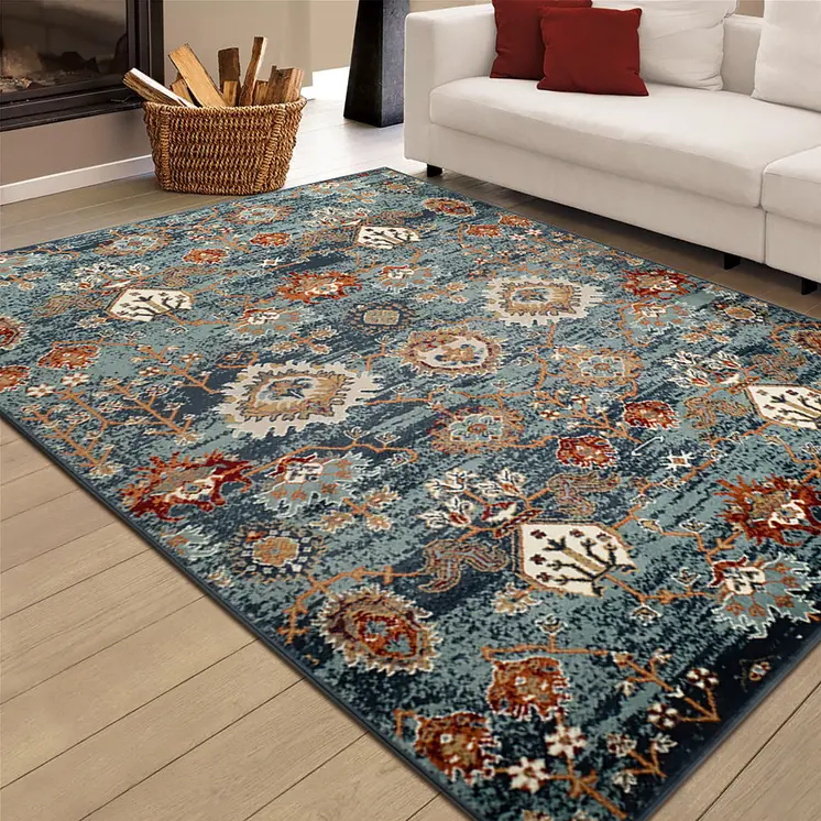 8' X 10' Teal Rust and Orange Oriental Power Loom Area Rug
