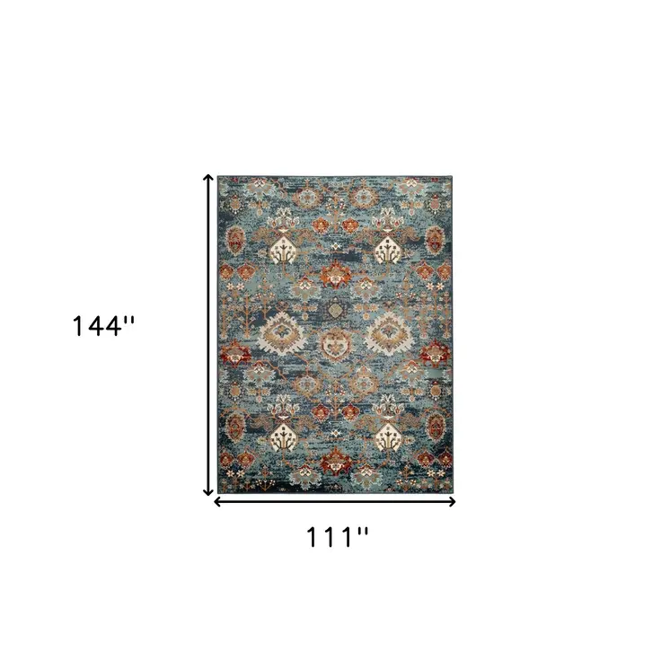 9' X 12' Teal Rust and Orange Oriental Power Loom Area Rug