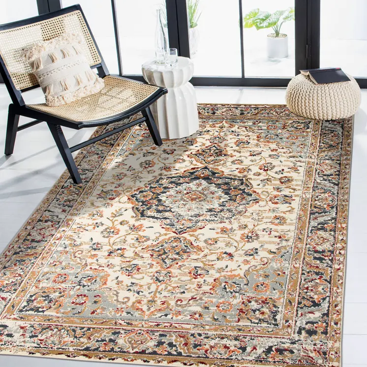 5' X 8' Ivory Navy and Orange Medallion Power Loom Area Rug