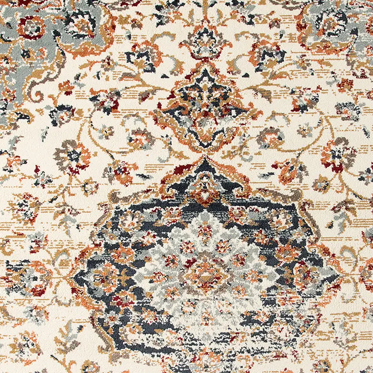 5' X 8' Ivory Navy and Orange Medallion Power Loom Area Rug
