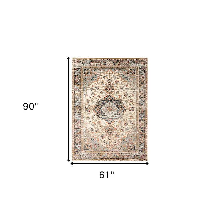 5' X 8' Ivory Navy and Orange Medallion Power Loom Area Rug
