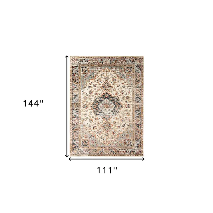 9' X 12' Ivory Navy and Orange Medallion Power Loom Area Rug