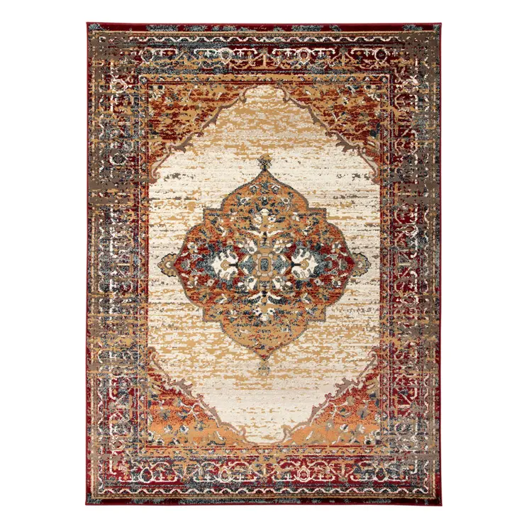8' X 10' Ivory Red and Orange Medallion Power Loom Area Rug