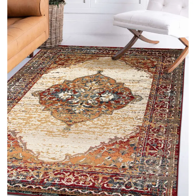 8' X 10' Ivory Red and Orange Medallion Power Loom Area Rug