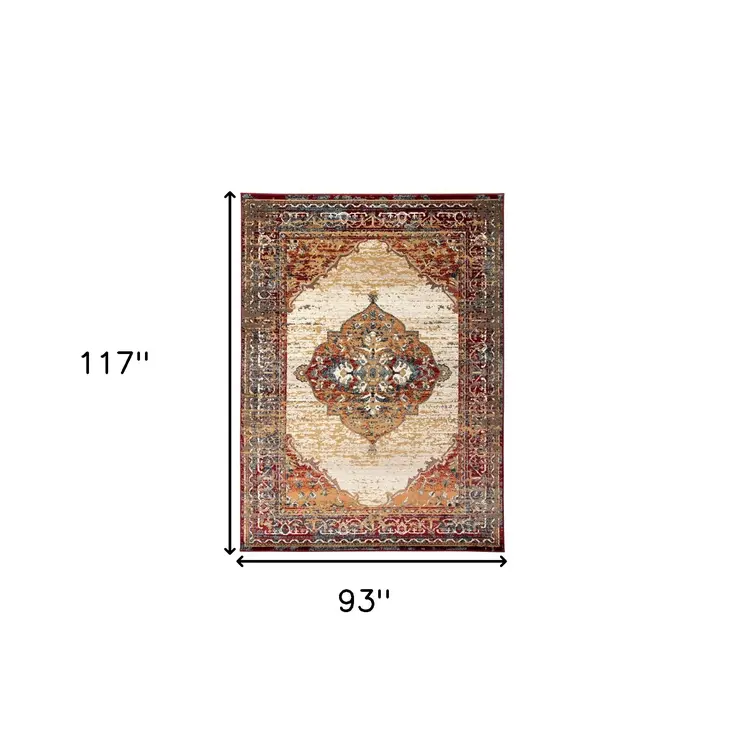 8' X 10' Ivory Red and Orange Medallion Power Loom Area Rug