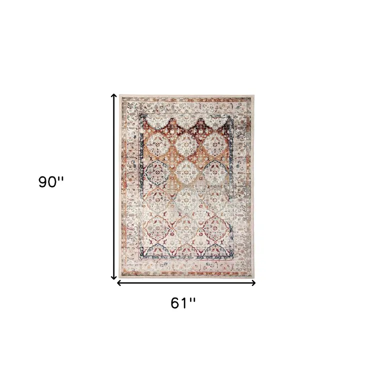 5' X 8' Beige Rust and Navy Floral Medallion Power Loom Area Rug