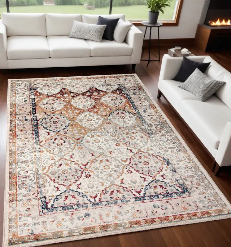 5' X 8' Beige Rust and Navy Floral Medallion Power Loom Area Rug