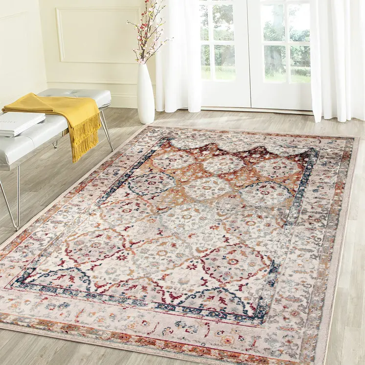 9' X 12' Beige Rust and Navy Floral Medallion Power Loom Area Rug