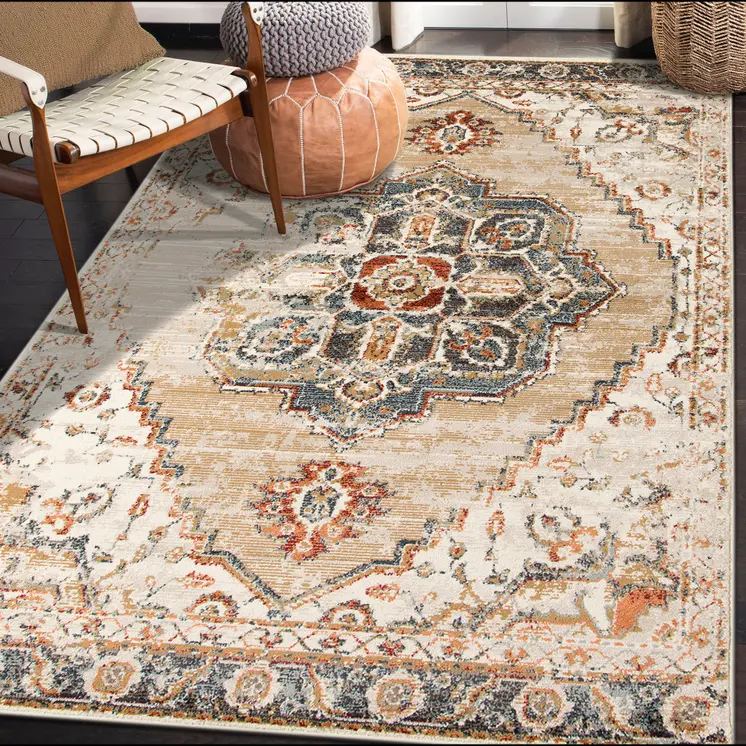 8' X 10' Ivory Tan and Gold Medallion Power Loom Area Rug
