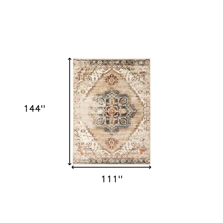 9' X 12' Ivory Tan and Gold Medallion Power Loom Area Rug