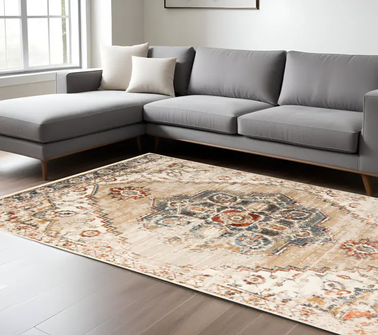 9' X 12' Ivory Tan and Gold Medallion Power Loom Area Rug