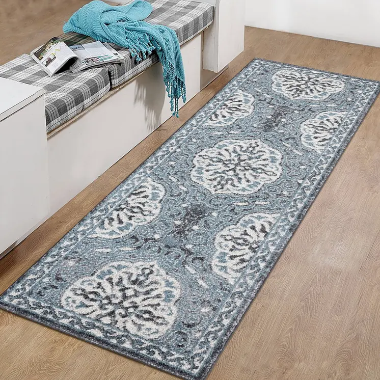 6' Charcoal and Ivory Medallion Power Loom Runner Rug