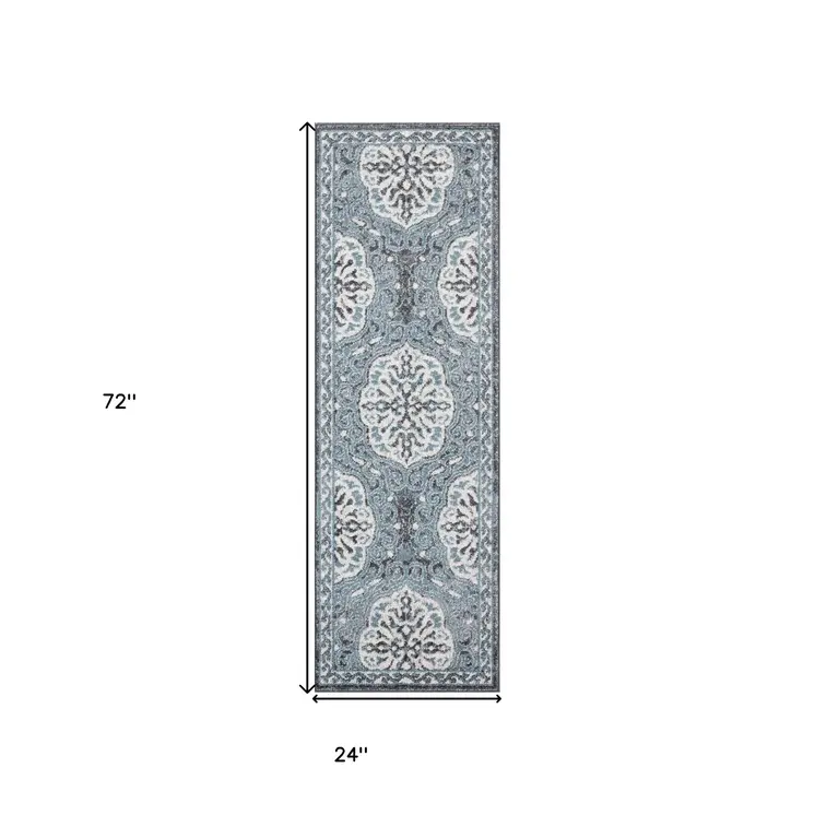 6' Charcoal and Ivory Medallion Power Loom Runner Rug