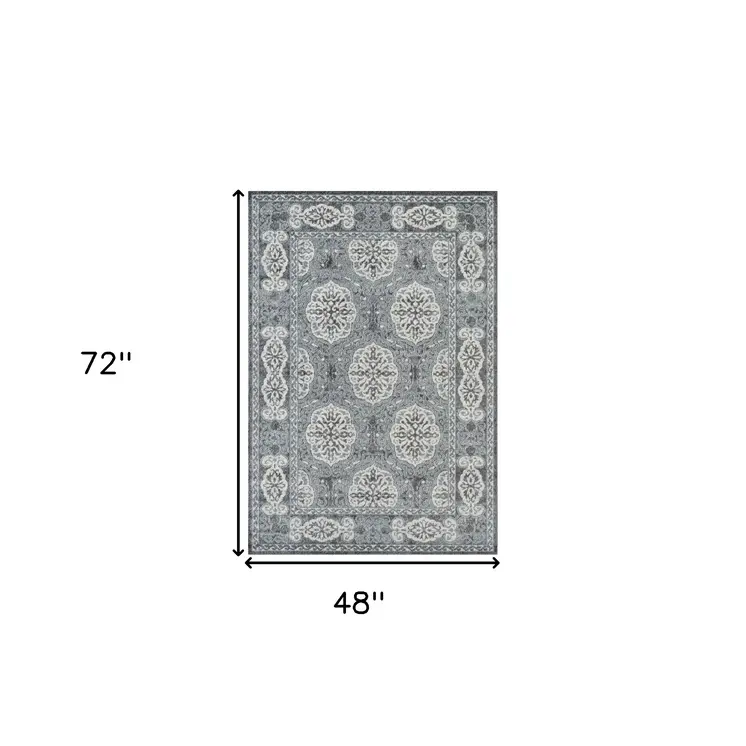 4' X 6' Charcoal and Ivory Medallion Power Loom Area Rug
