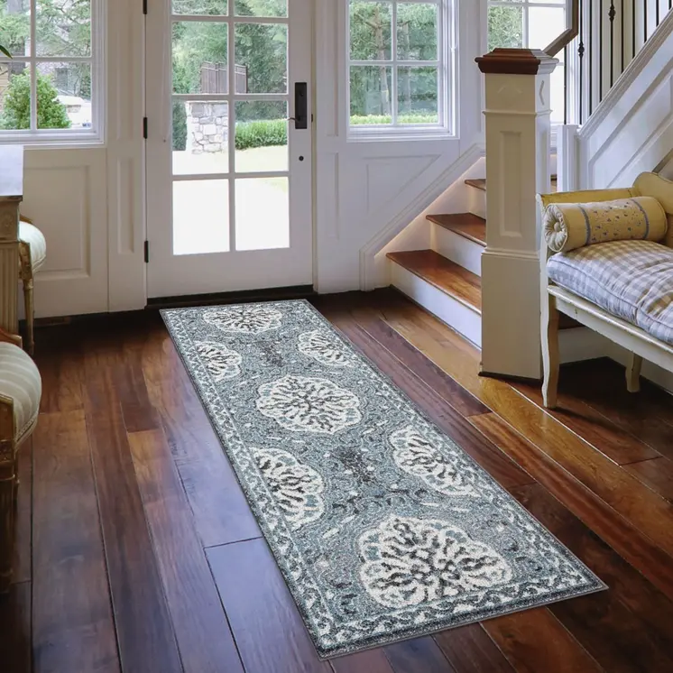 10' Charcoal and Ivory Medallion Power Loom Runner Rug