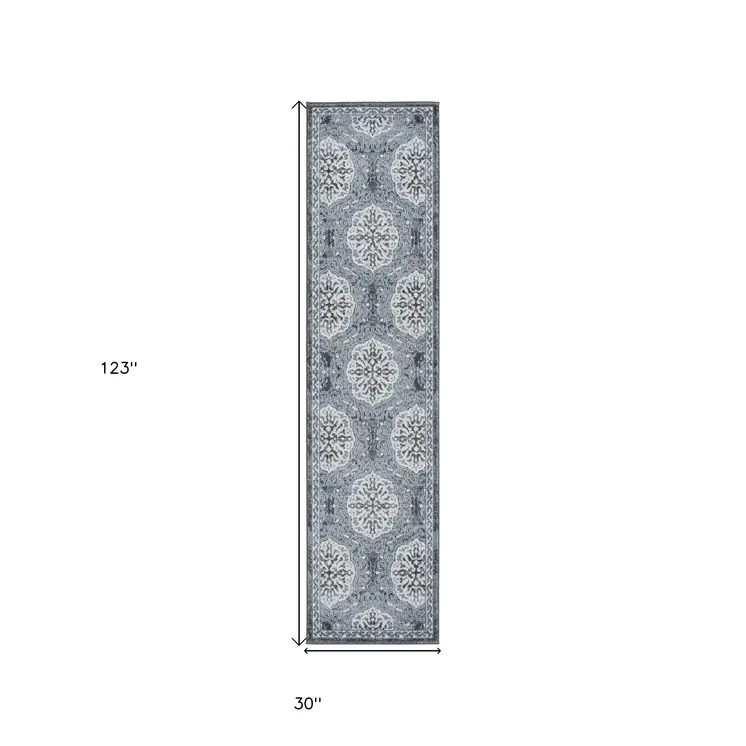10' Charcoal and Ivory Medallion Power Loom Runner Rug