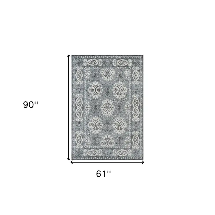 5' X 8' Charcoal and Ivory Medallion Power Loom Area Rug