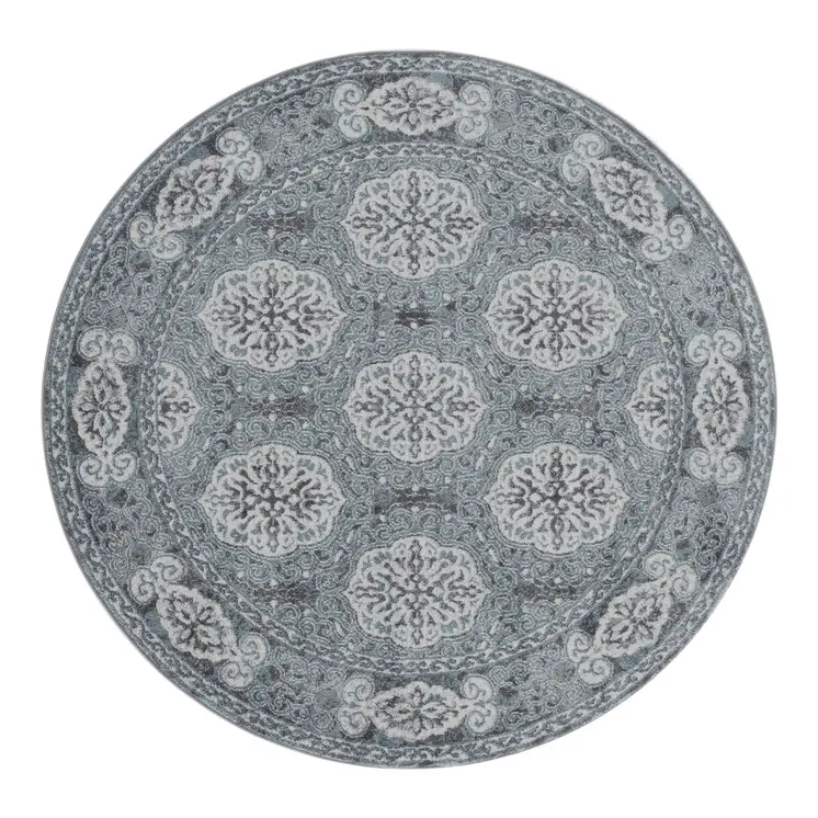 6' Charcoal and Ivory Medallion Power Loom Round Rug