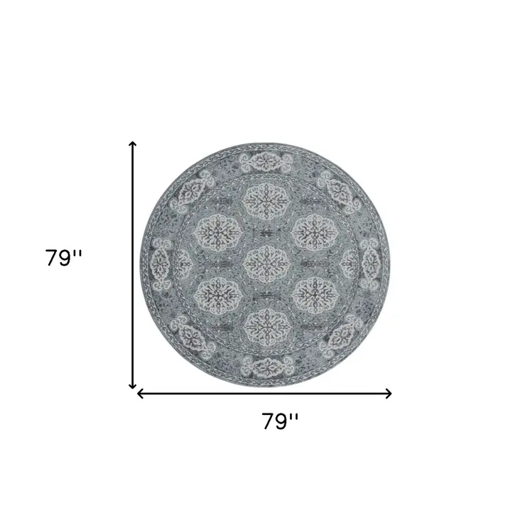 6' Charcoal and Ivory Medallion Power Loom Round Rug