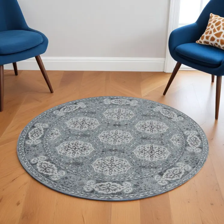 6' Charcoal and Ivory Medallion Power Loom Round Rug
