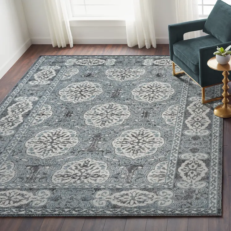 9' X 12' Charcoal and Ivory Medallion Power Loom Area Rug