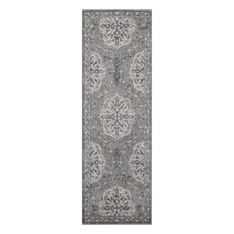 6' Charcoal and Gray Medallion Power Loom Runner Rug