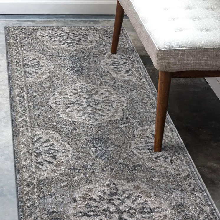 6' Charcoal and Gray Medallion Power Loom Runner Rug