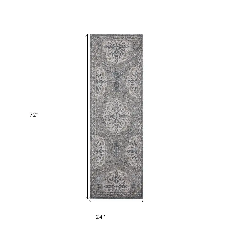 6' Charcoal and Gray Medallion Power Loom Runner Rug
