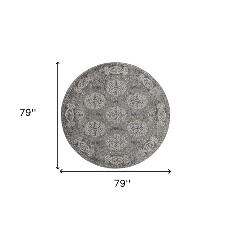 6' Charcoal and Gray Medallion Power Loom Round Rug