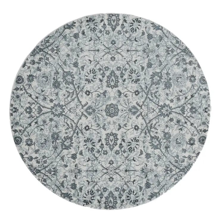6' Charcoal and Gray Floral Power Loom Round Rug