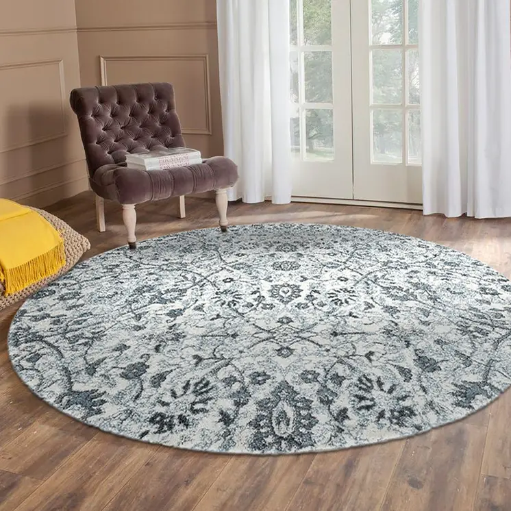 6' Charcoal and Gray Floral Power Loom Round Rug