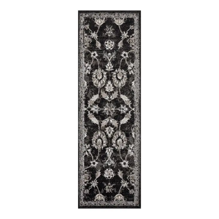 6' Ivory Black and Gray Oriental Power Loom Runner Rug