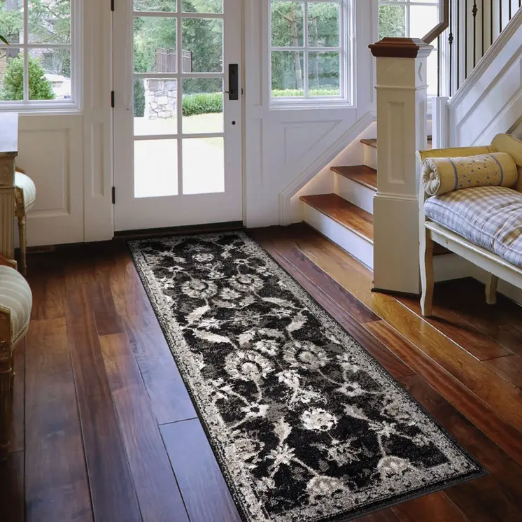 6' Ivory Black and Gray Oriental Power Loom Runner Rug