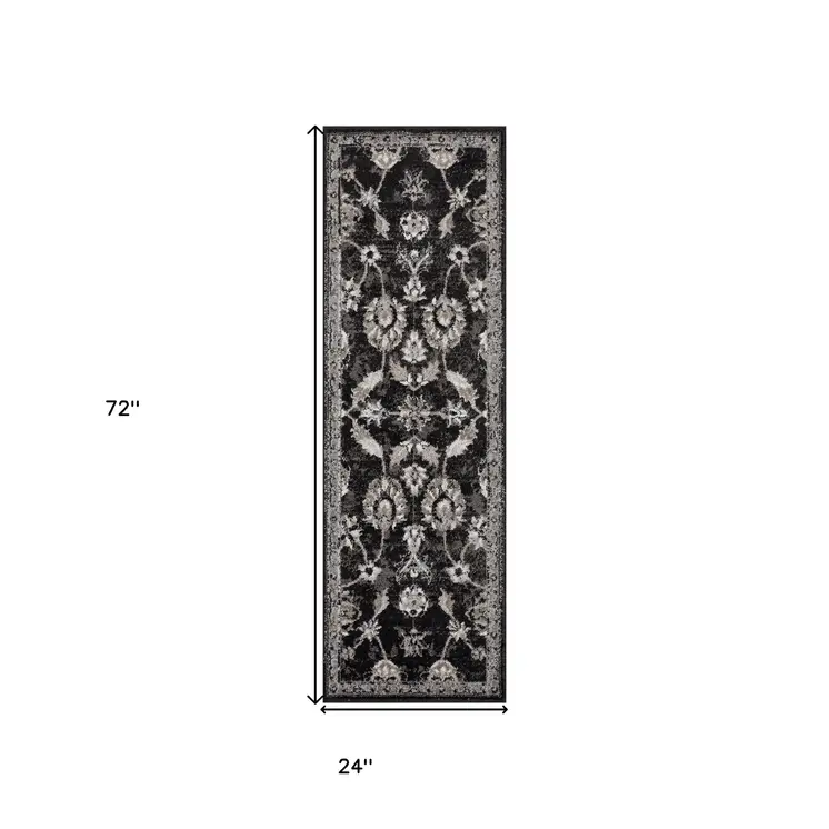 6' Ivory Black and Gray Oriental Power Loom Runner Rug