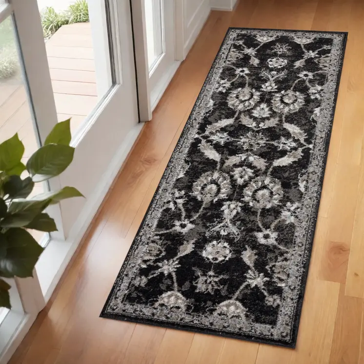 6' Ivory Black and Gray Oriental Power Loom Runner Rug