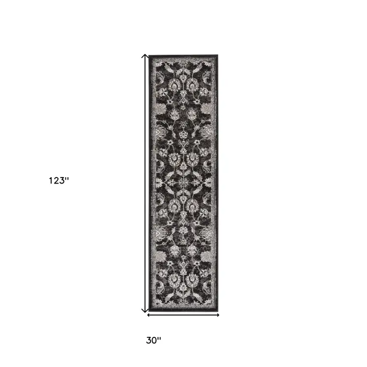10' Ivory Black and Gray Floral Power Loom Runner Rug