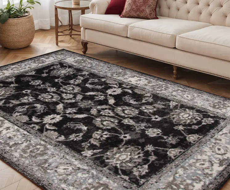 5' X 8' Ivory Black and Gray Floral Power Loom Area Rug