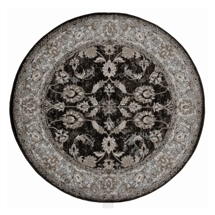 6' Ivory Black and Gray Floral Power Loom Round Rug
