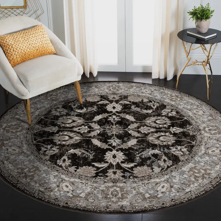 6' Ivory Black and Gray Floral Power Loom Round Rug
