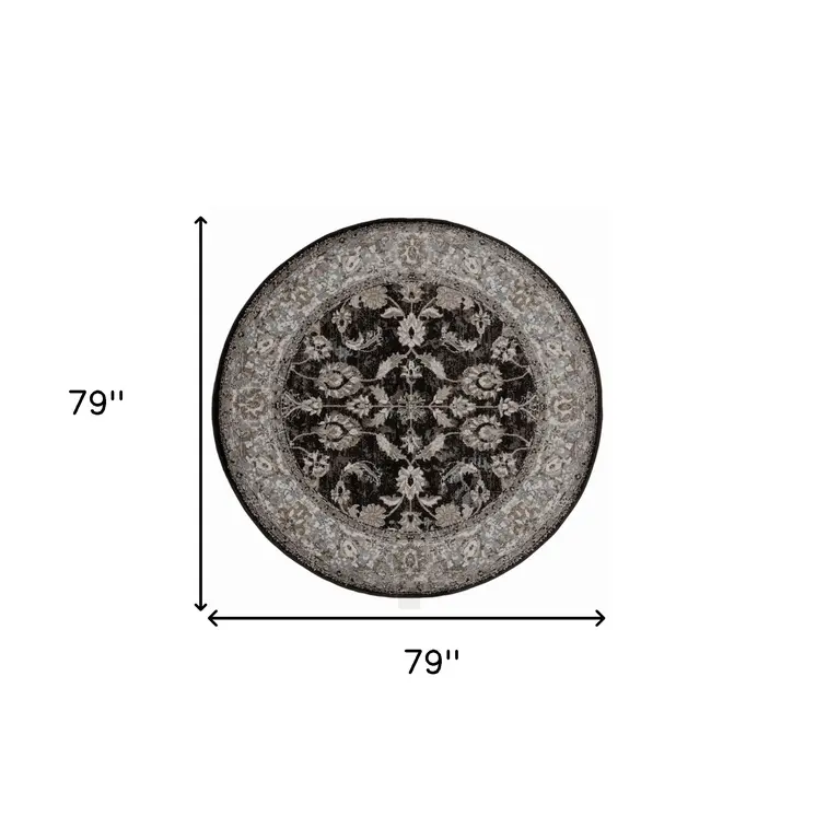 6' Ivory Black and Gray Floral Power Loom Round Rug