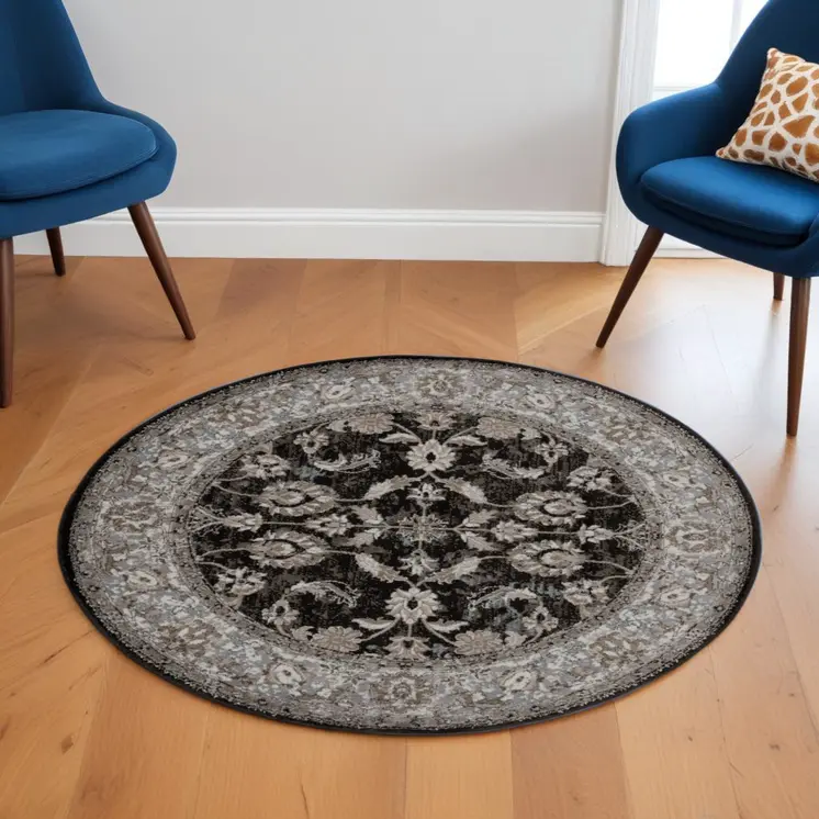 6' Ivory Black and Gray Floral Power Loom Round Rug