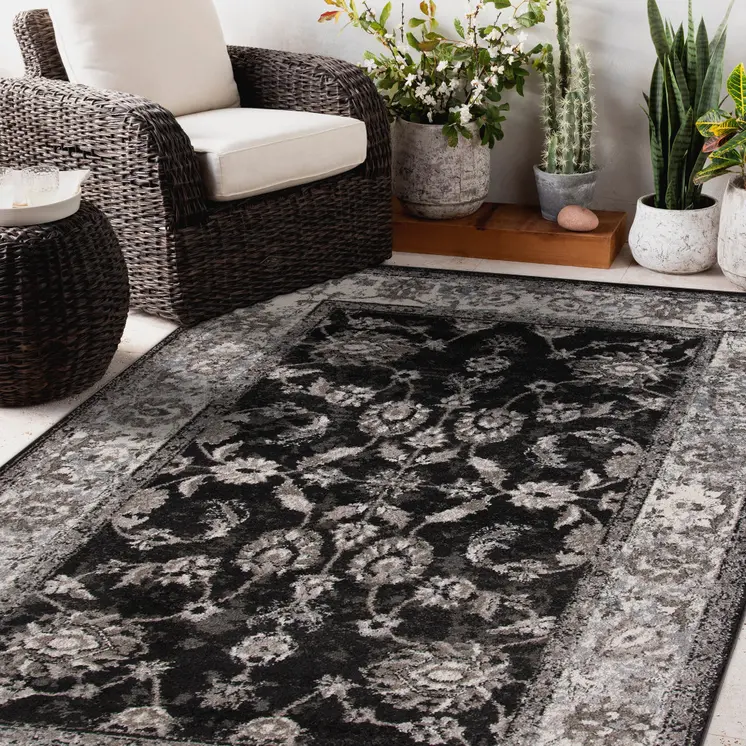 9' X 12' Ivory Black and Gray Floral Power Loom Area Rug