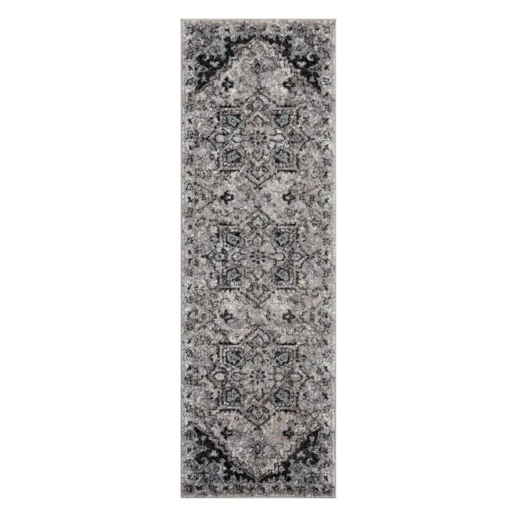 6' Black And Gray Medallion Runner Rug