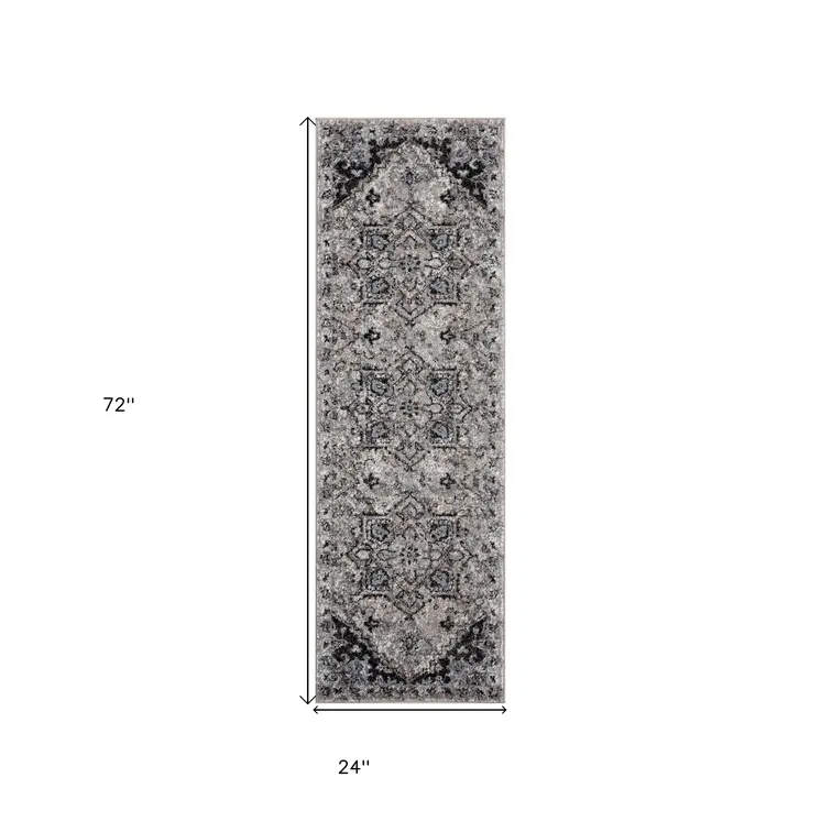6' Black And Gray Medallion Runner Rug