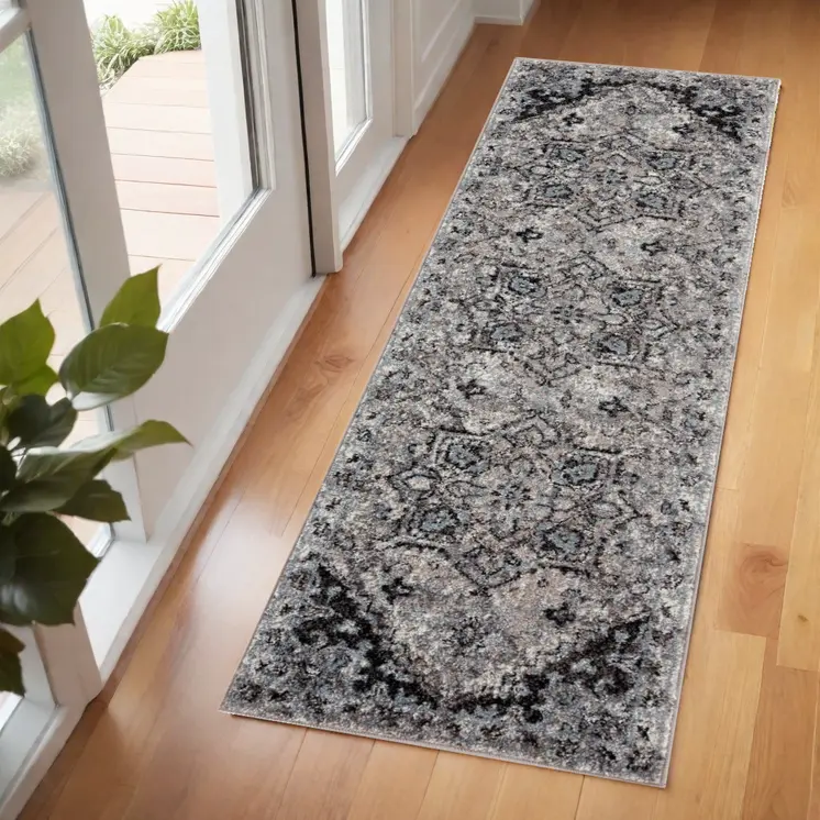 6' Black And Gray Medallion Runner Rug