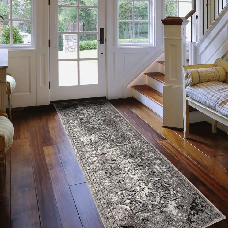 10' Black and Gray Medallion Power Loom Runner Rug