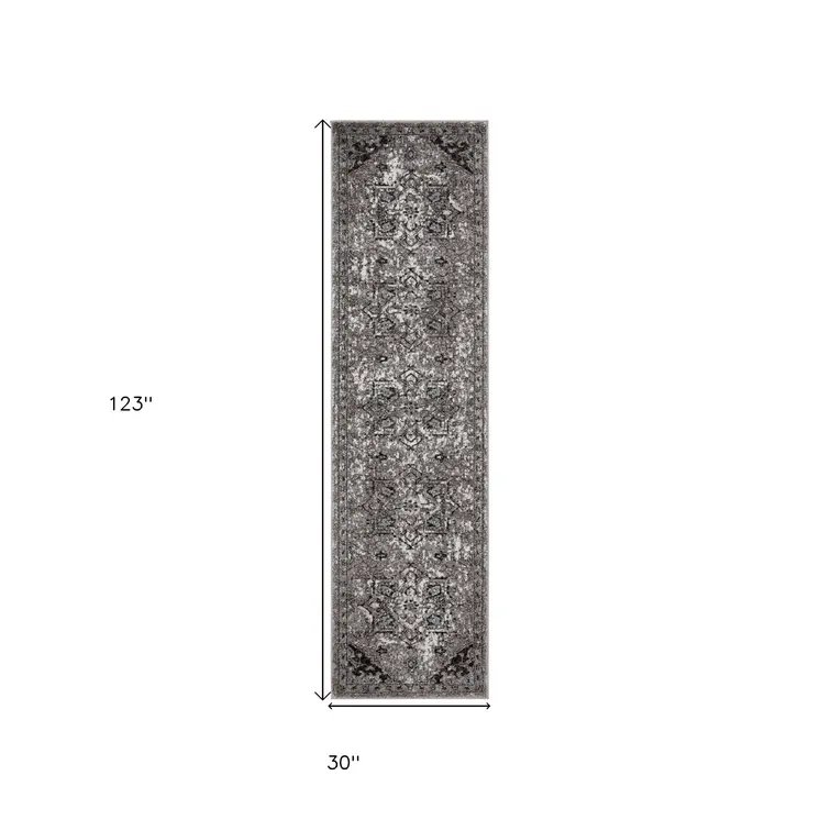 10' Black and Gray Medallion Power Loom Runner Rug